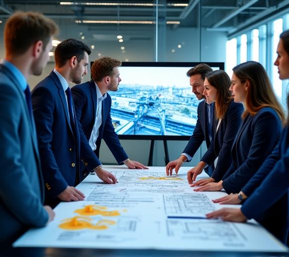 Equipo de ingenieros y gerentes de MexiCapu revisando planos de infraestructura.